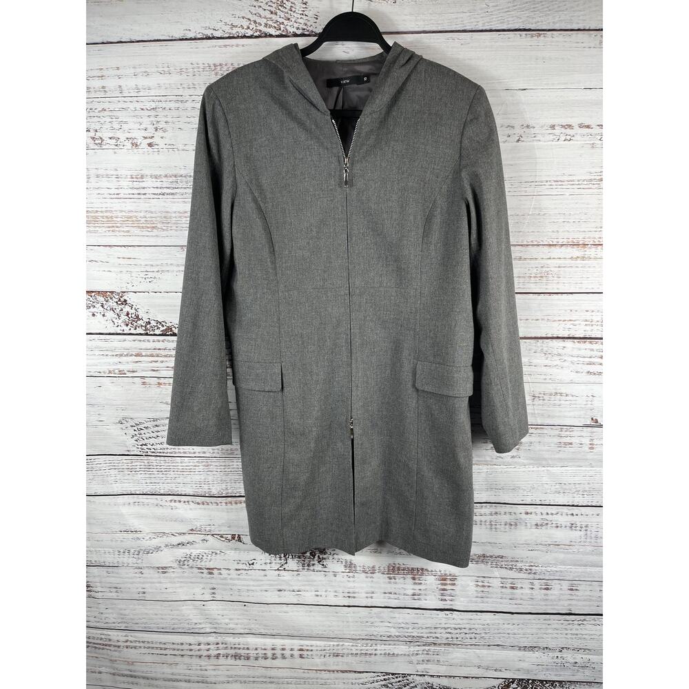 View Coat Women's 8 Gray Hooded Full Zip Lined Mid Length Twill Jacket Career